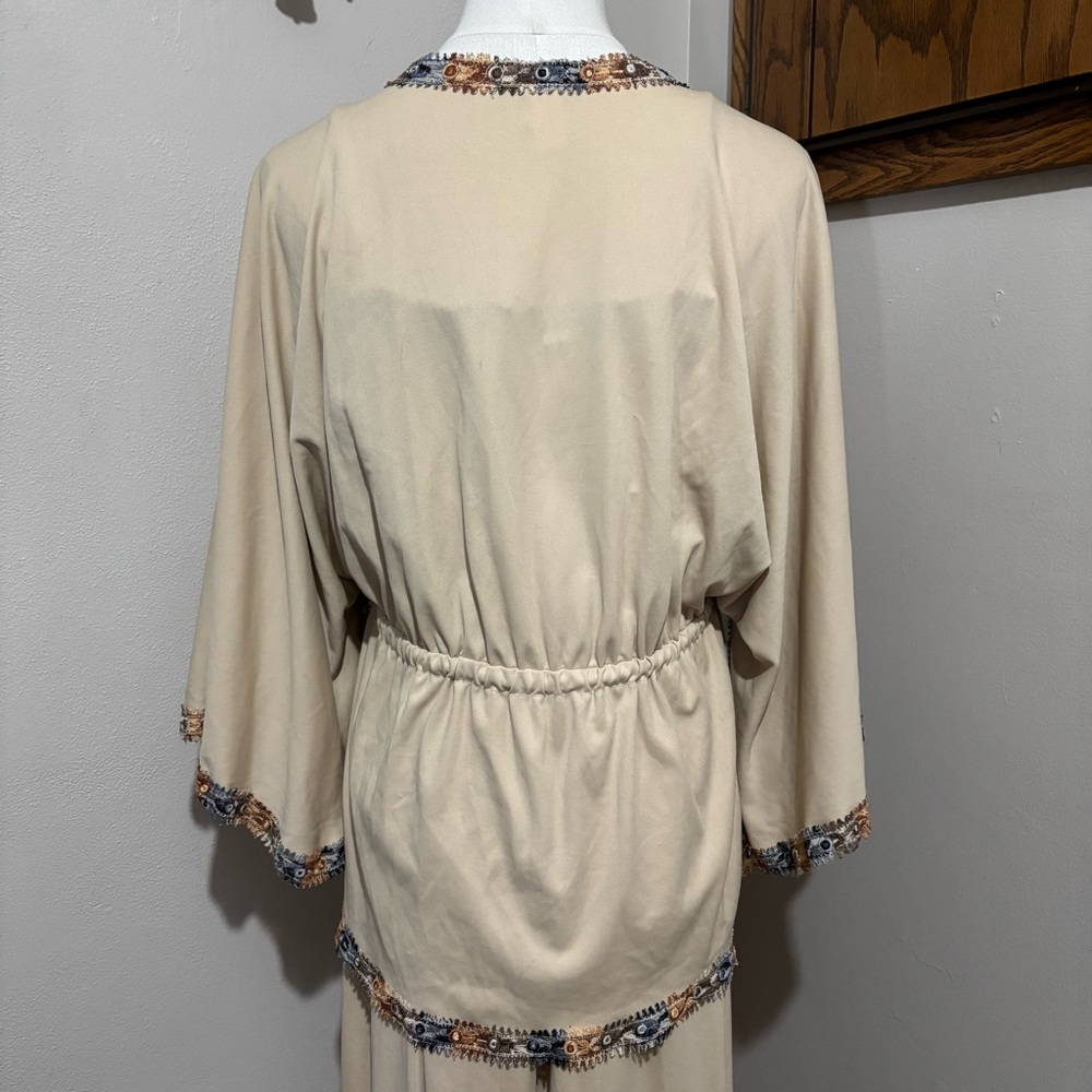 70s Union Made Beige Maxi Slip Dress Lace Detail Kaftan Style Cardigan Wrap Vtg - Picture 6 of 16